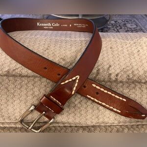 Kenneth Cole Rustic Italian Leather Belt White Stitch Bold Silver Buckle SZ Med
